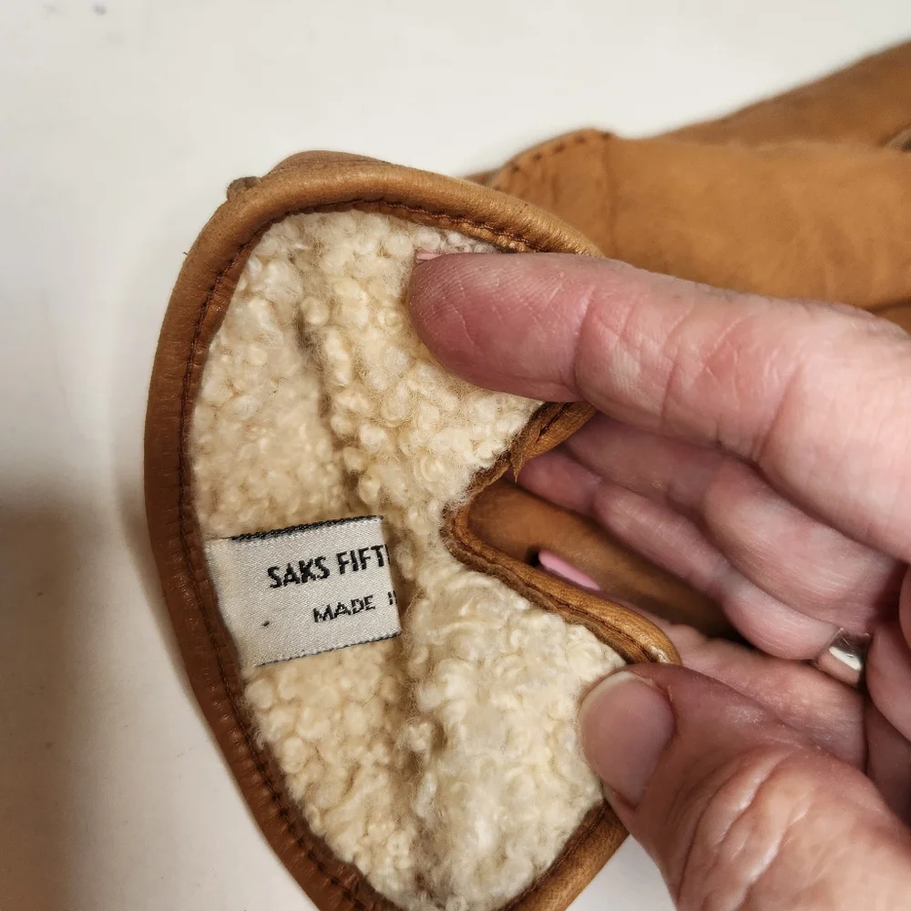 vintage leather khaki driving gloves saks fifith avenue sherpa lined womens 80s